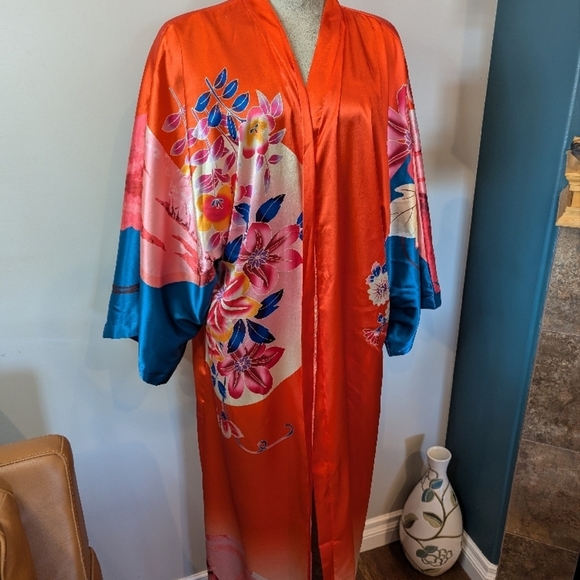 Vintage Floral Kimono in orange teal blue and pink One size fits most - Picture 4 of 16